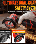 Brushless Cordless Angle Grinder Kit 800W with LED Display showing dual-guard system in use during metal grinding