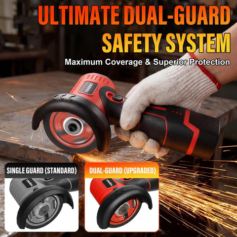 Brushless Cordless Angle Grinder Kit 800W with LED Display showing dual-guard system in use during metal grinding