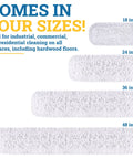 Kick Serious Dust Bunnies With This 36 Inch Industrial Cut End Dust Mop Refill Featuring A Super Solid Blended Yarn Pad For Warehouse Floors And Shop Cleanups No Sweat Three Pack, showing four sizes of mop pads.