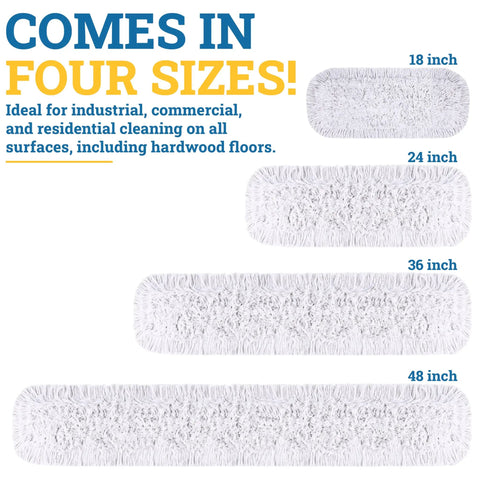 Kick Serious Dust Bunnies With This 36 Inch Industrial Cut End Dust Mop Refill Featuring A Super Solid Blended Yarn Pad For Warehouse Floors And Shop Cleanups No Sweat Three Pack, showing four sizes of mop pads.