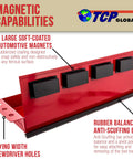 12 Inch Magnetic Tool Tray Shelf For Metal Surfaces, Heavy Duty Tool Organizer showing red tray with four black magnets and holes