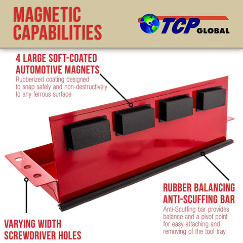 12 Inch Magnetic Tool Tray Shelf For Metal Surfaces, Heavy Duty Tool Organizer showing red tray with four black magnets and holes