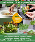 Broccoli Sprouting And Microgreens Seeds Kit 1 Lb Resealable Bag Non GMO Heirloom Sprout Seeds For Soil Coconut Coir Aerogarden And Hydroponics Perfect For Growing Microgreens At Home shown in use with prepared dishes and fresh sprouts.