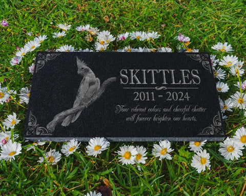 Granite Bird Portrait Memorial Stone Custom Engraved Marker For Parrots Canaries Finches Lovebirds in grass with flowers