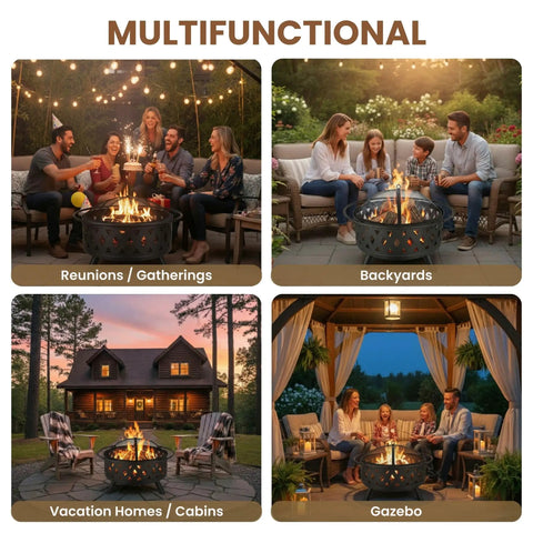 Multifunctional 32 Inch Outdoor Wood Fire Pit with Screen, Poker, and Cover in use for reunions, backyards, cabins, and gazebo settings.