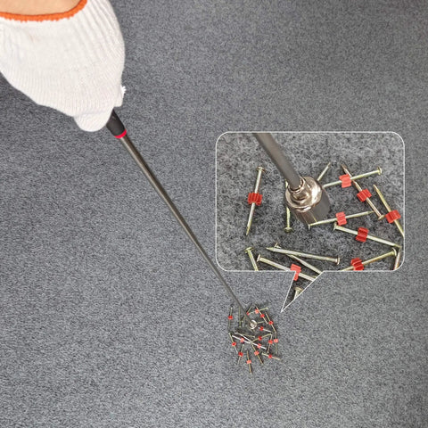 Hand using telescoping magnetic pickup tool with 20 lb pull strength, extends from 7 to 31 inches, picking up screws on carpet