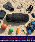 130L Mesh Duffle Bag for Water Sports Gear with Wide Opening and Shoulder Straps surrounded by scuba equipment on sand