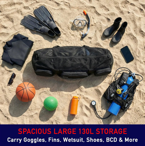 130L Mesh Duffle Bag for Water Sports Gear with Wide Opening and Shoulder Straps surrounded by scuba equipment on sand