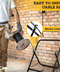 Single Axle Cable Reel Caddy Built To Last Heavy Duty Industrial Steel Wire Dispenser shown with worker and reel