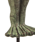 Close-up view of base and feet of Garden Frog Statue With Umbrella Glass Rain Gauge Weather Station for Outdoor Decor Bright Green 18 Inches