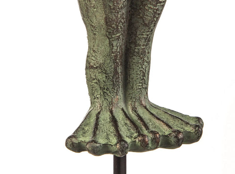 Close-up view of base and feet of Garden Frog Statue With Umbrella Glass Rain Gauge Weather Station for Outdoor Decor Bright Green 18 Inches