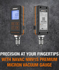 Front and back views of NAVAC NMV1S vacuum gauge with large backlit display and orange trim.