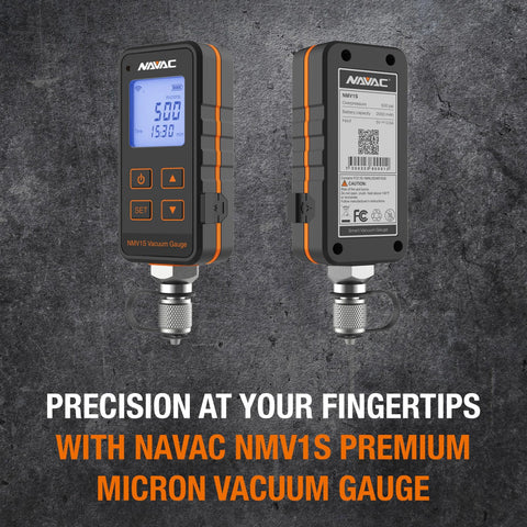 Front and back views of NAVAC NMV1S vacuum gauge with large backlit display and orange trim.