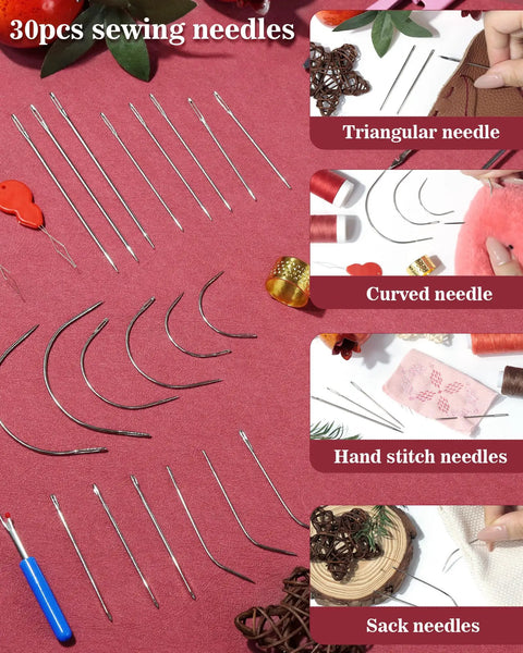 Eight Color Waxed Thread Leather Sewing Kit With 30m Spools For Pro Grade Upholstery Repairs, sewing needles variety on red background