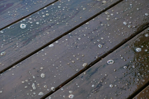 One Gallon Ready To Roll Deck Stain Stripper Cuts Straight Through Weathered Oil And Water Coats on wooden deck surface with bubbles.