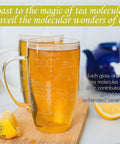 Chemistry Glass Tea Cups Set Of 2 18 Oz Beaker Mugs With Tea Molecule Etchings on table with lemon slices.