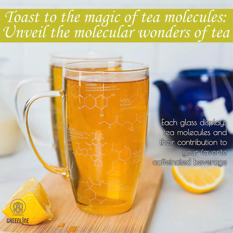 Chemistry Glass Tea Cups Set Of 2 18 Oz Beaker Mugs With Tea Molecule Etchings on table with lemon slices.
