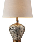 Langi Table Lamp With Mirrored Tile Neck Bronze Base With Silver Leaf Floral Accents Beige Drum Shade On Off Rotary Switch