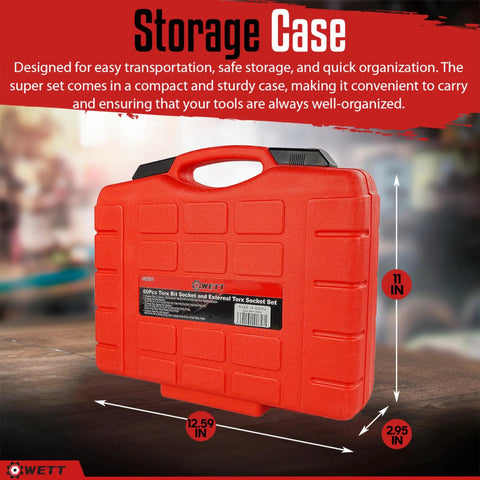 Red storage case for 32 Piece Hex Bit Socket Master Set with dimensions marked, featuring handle for easy transport.