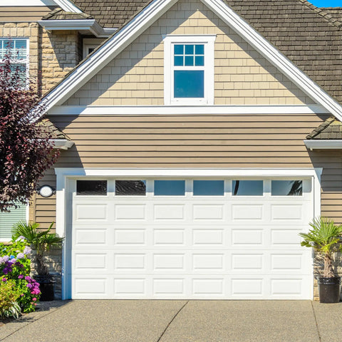 White residential garage door with window panels, compatible with Extension Spring Cable Set For Garage Doors 1/8 In X 13-1/2 Ft Galvanized Carbon Steel Aircraft Cable With 3/8 In Hole End Clips And 5/16 In Slot Designed For Phoenix Doors Heavy Duty Kit