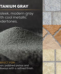 Titanium Gray Heavy Duty Polymeric Sand For Patio Paver Joints And Stone Gaps Featuring Ceramic Flex Technology Killer Stability No Sweat Setup 10 Pound Bag, showcasing sleek gray sand texture.