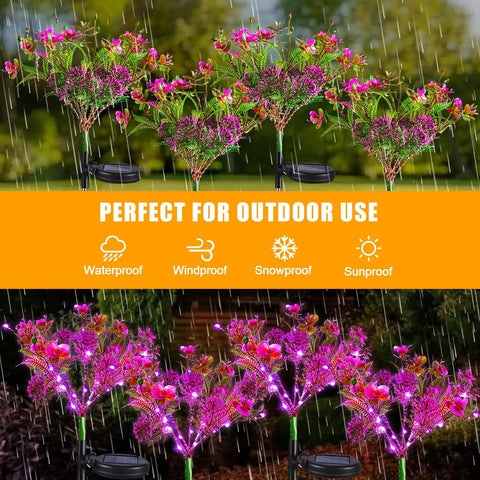 Purple Phalaenopsis Solar Flower Lights 4 Pack Outdoor Waterproof Garden Decor illuminated under rainfall, with daytime and nighttime views.