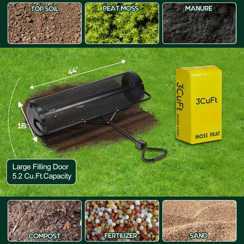 Compost And Peat Moss Spreader With 2-In-1 ATV And T Shaped Handle 44 Inch Rolling Width 5.6 Cubic Feet Capacity Lawn And Garden Roller With Laser Cut Wire Mesh Baskets For Spreading Topsoil And Manure