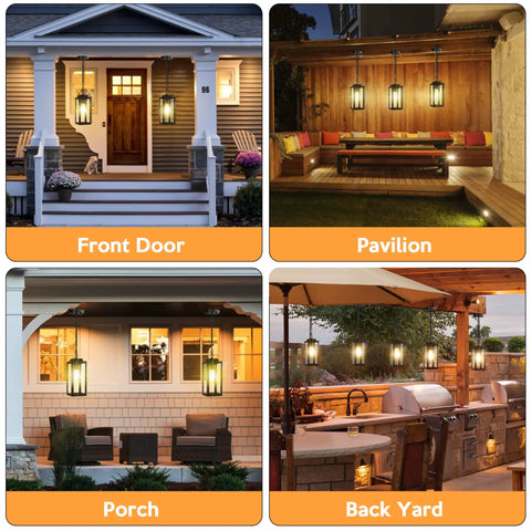 Slick Black Aluminum Outdoor Pendant Light With Tempered Glass, Adjustable 63 Inch Chain Hanging Porch Chandelier For Yard Gazebo And Patio featured in front door, pavilion, porch and back yard settings.
