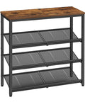 Four Tier Shoe Rack For Entryway Storage Freestanding Adjustable Mesh Shelves Heavy Duty Industrial Organizer with brown top and black frame.