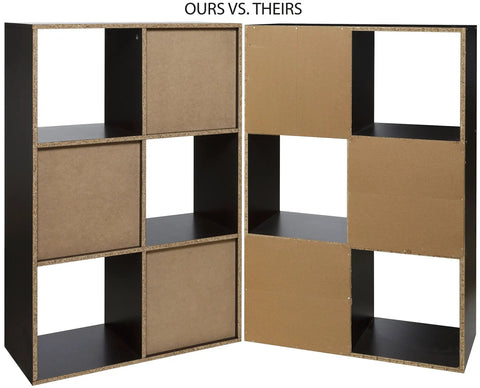 Comparison of two six cube white desk organizers for home office with built in USB and dual plug charger hub; solid vs empty back panels.