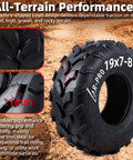 All Terrain 19x7-8 ATV UTV Tires 4PR Tubeless Off Road Set showing v-shaped tread on rocky terrain.