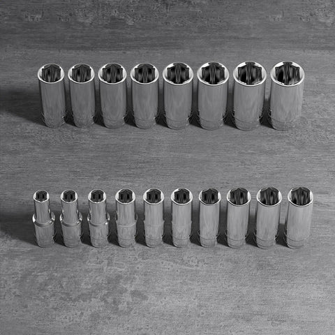 Metric Deep Socket Set One Half Inch Drive 18 Piece 6 Point Chrome Sockets 10mm To 27mm No Skipped Sizes Heavy Duty Construction