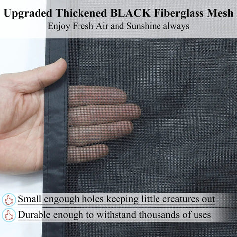 Close-up of hand touching upgraded thickened black fiberglass mesh of the Tall Magnetic Screen Door Upgrade With 42 Strong Magnets For 38x98 Retractable Fiberglass Mesh Heavy Duty Closure Hands Free Automatic Seal For Single Door.