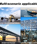 Images illustrating various industries: aerospace, shipbuilding, steel structures, bridges, tunnels, and mechanical manufacturing.