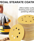 110 Piece 5 Inch 8 Hole Sanding Disc Set With Aluminum Oxide Grits 60 Through 1000 next to a random orbital sander