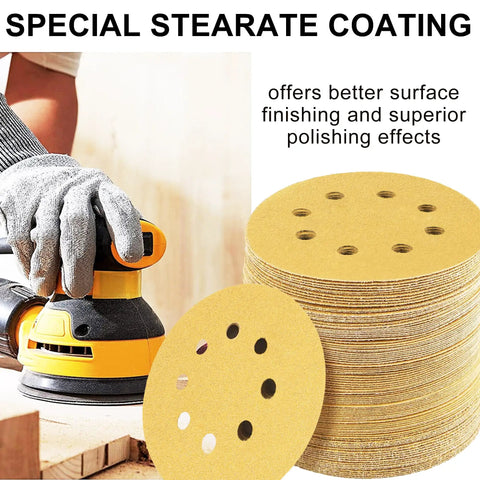 110 Piece 5 Inch 8 Hole Sanding Disc Set With Aluminum Oxide Grits 60 Through 1000 next to a random orbital sander