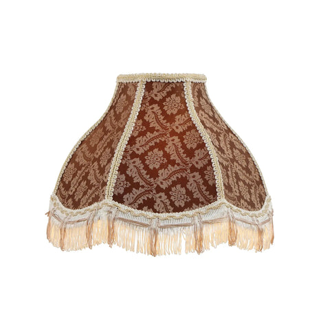 Handsewn Scallop Dome Lamp Shade With Fringe In Dope Brown Jacquard Textured Fabric, 5 Inch Top, classic vintage look