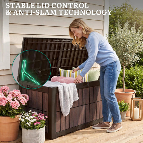 Person organizing items in 134 Gallon Waterproof Resin Outdoor Deck Box With Lock Doubles As Bench Seating For Patio Cushions Garden Tools