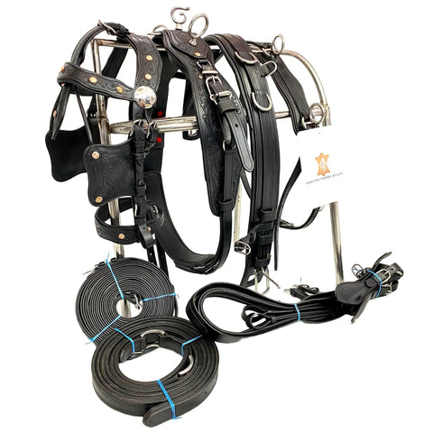 Hand Tooled Leather Horse Driving Harness Set With Copper Studs Bridle Reins Traces Breast Pad Neck Pad Crupper Breeching Cob Black