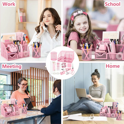 Must Have 11 Pcs Pink Office Supplies Set With Desk Organizer, Pencil Holder, Stapler in home, school, and work settings
