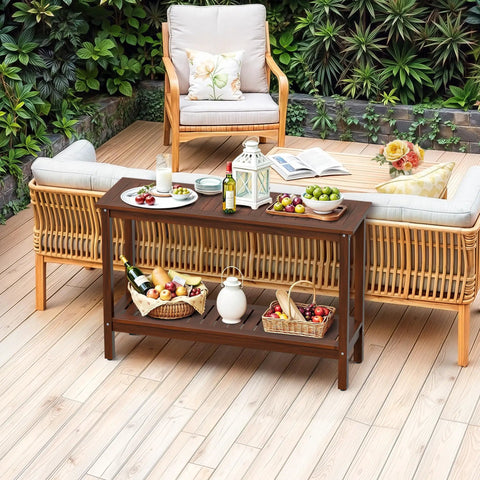 All Weather Patio Bar Table And Console With Two Shelves, 48 Inch Solid Wood Indoor Outdoor Multipurpose Buffet Storage Organizer