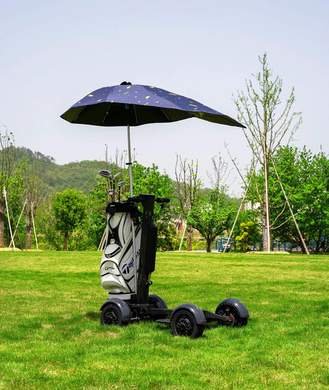 Solid Upgrade Foldable Electric Golf Cart With Plush Ride Seat And Heavy Duty Umbrella Bracket on grass with golf bag