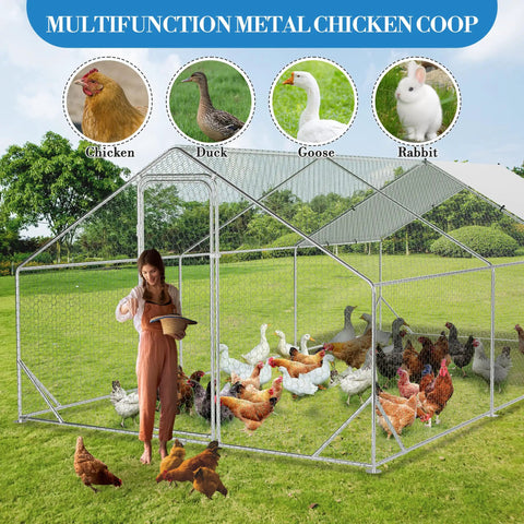 Beefy Heavy Duty Metal Chicken Coop Walk In Run With Waterproof UV Resistant Cover in a farm setting with various animals outside