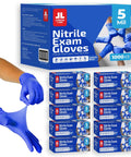 Built Tough 5 Mil Thick Nitrile Exam Gloves In Sharp Cobalt Blue Disposable Latex Free Protective Handwear For Health Professionals Emt Teams And Food Prep Straight Up Mega Bundle Of One Thousand Count, showcasing a box and a hand putting on a glove.
