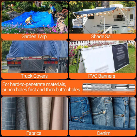 Applications of Three Size Grommet Tool Kit With Interchangeable Dies for tarps, truck covers, banners, fabrics, and denim.
