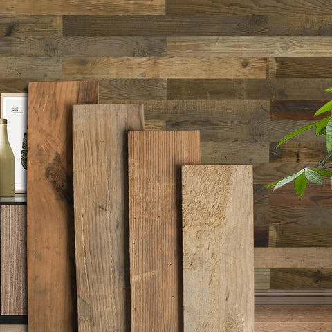 Real Reclaimed Barn Wood Peel And Stick Wall Planks with Self Adhesive Backing for Rustic Shiplap Panels in natural light