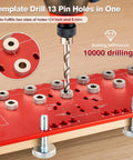 Top Rated 2 In 1 Shelf Pin Jig And Hinge Jig With 13 Alignment Holes For 1/4 Inch And 5mm Cabinet Hardware Drill Guide showing drilling process.