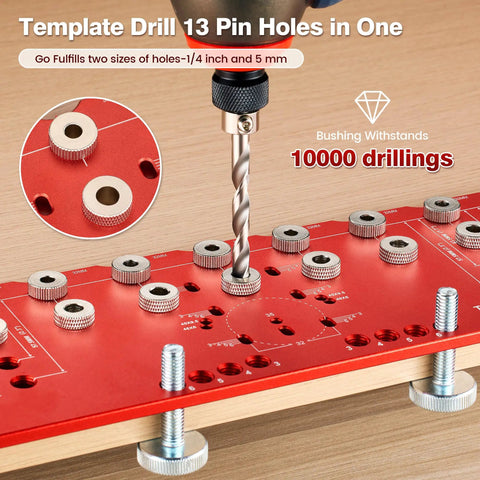 Top Rated 2 In 1 Shelf Pin Jig And Hinge Jig With 13 Alignment Holes For 1/4 Inch And 5mm Cabinet Hardware Drill Guide showing drilling process.