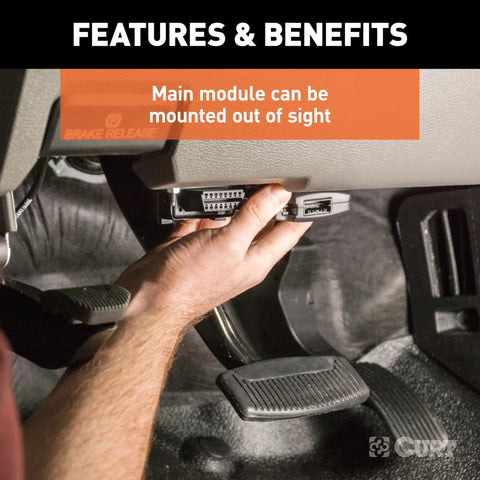 Proportional Trailer Brake Controller Featuring Slick Dash Mounted Rotary Knob Triple Axis Accelerometer, main module installation in vehicle.