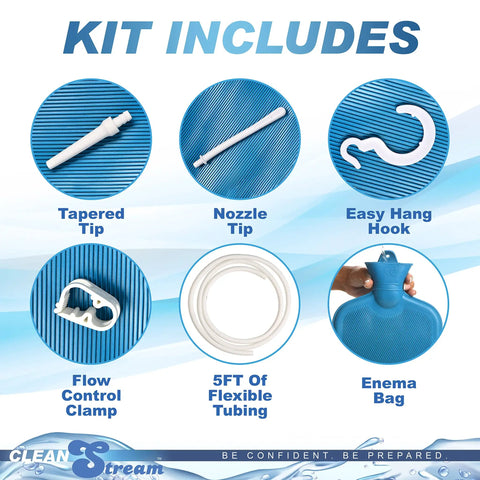 Components of Enema Cleaning Kit With 2 Quart Rubber Water Bottle, 5 ft tube, tapered nozzles, flow clamp, and hanging hook.